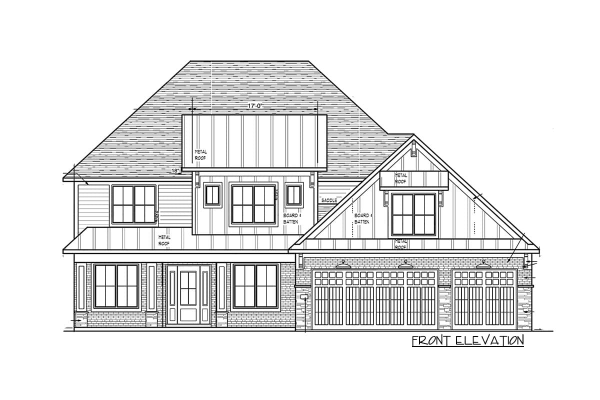 Front elevation house plan with prominent gables, metal roof sections, and a three-car garage.
