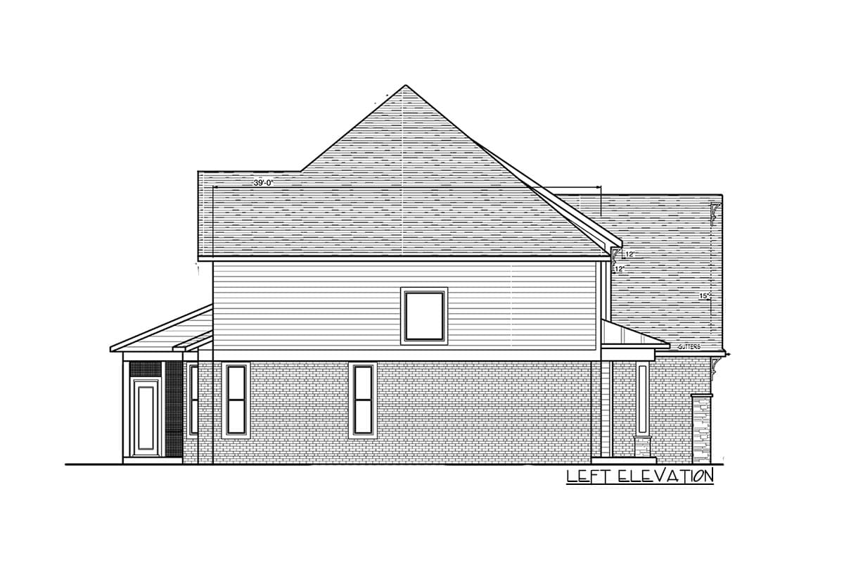 Left elevation drawing of a two-story house plan with gabled roof, brick foundation, siding, and multiple windows.