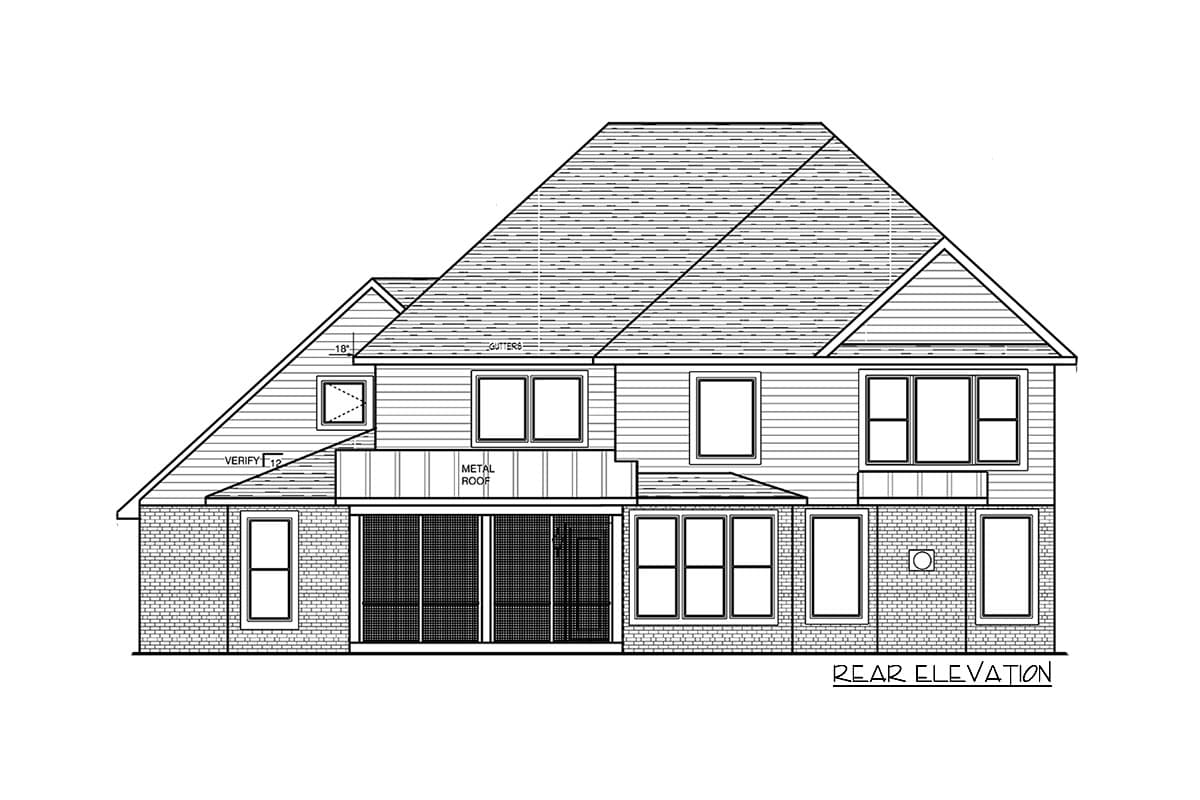 Rear elevation house plan showing a two-story home with brick accents, multiple gables, and a screened porch with a metal roof.