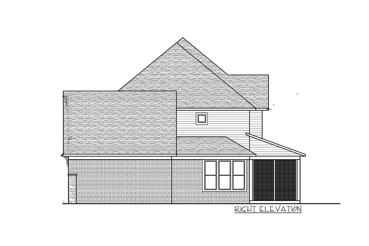 Right elevation drawing of a two-story house plan with brick lower level, siding upper level, gabled roof, and screened porch.