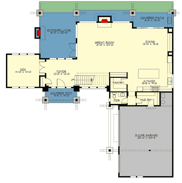 Plan 23847JD: Two-Story Hip-Roofed Contemporary Home Plan with Den - Floor Plan - Main Level - Contemporary, Northwest, Prairie
