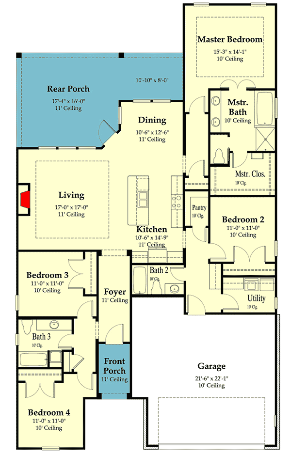 Plan 860048MCD: 4-Bed Acadian Home Plan with Large Rear Porch - Floor Plan - Main Level - Acadian, European, French Country, Louisiana-Style, Southern