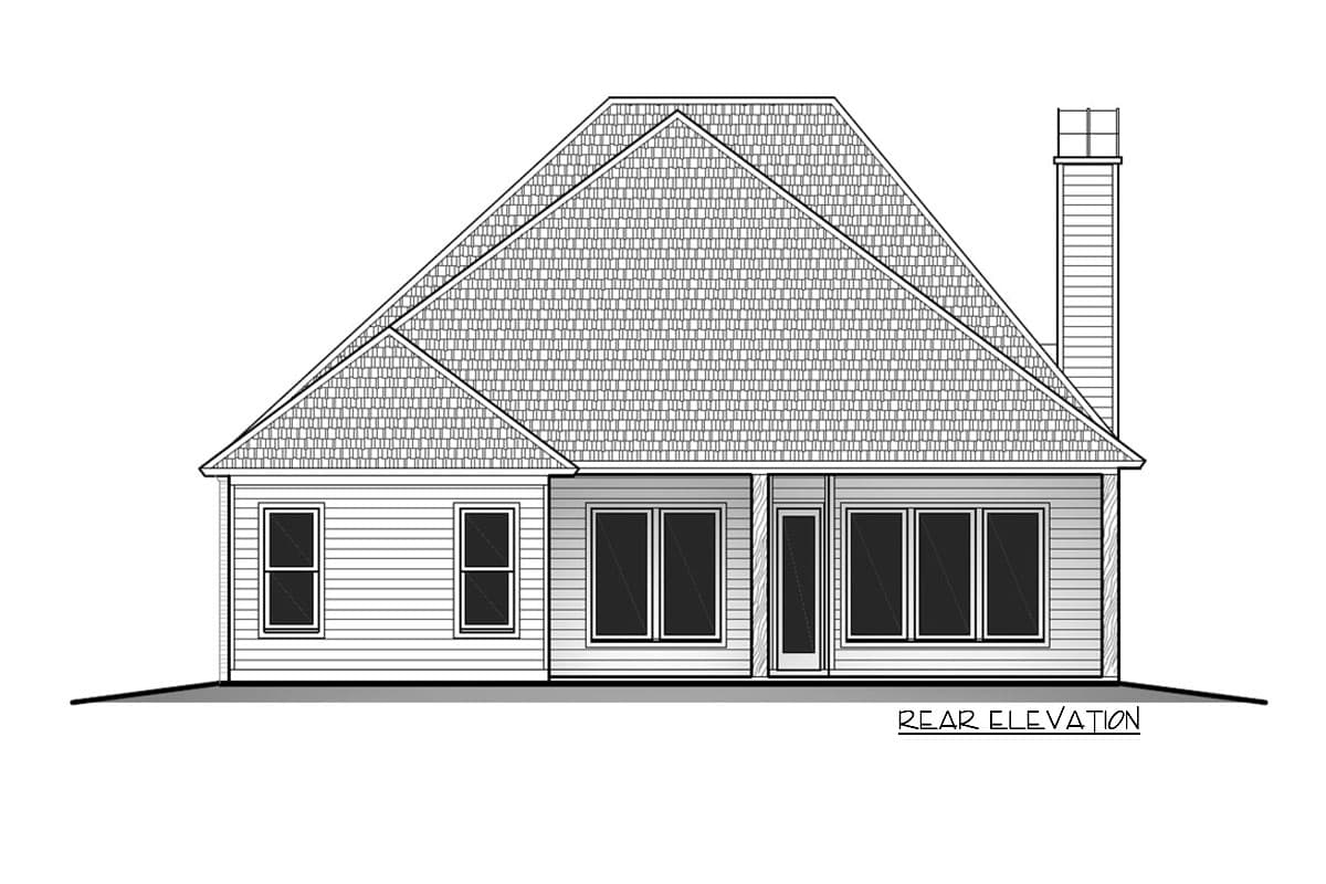 Rear elevation house plan with a hipped roof, vinyl siding, and a prominent brick chimney.