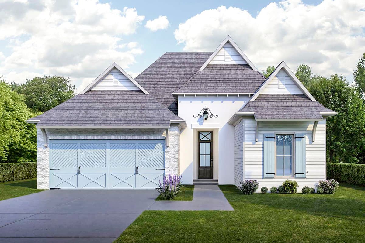 House plan exterior with gable roof, two dormers, and an attached two-car garage. Features include shutters and decorative exterior lighting.