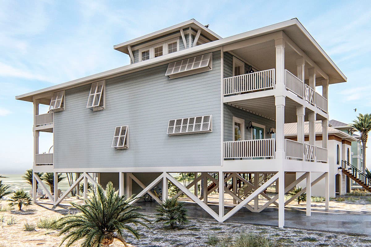 House plan exterior: two-story stilt house with multiple balconies, horizontal siding, and louvered shutters.