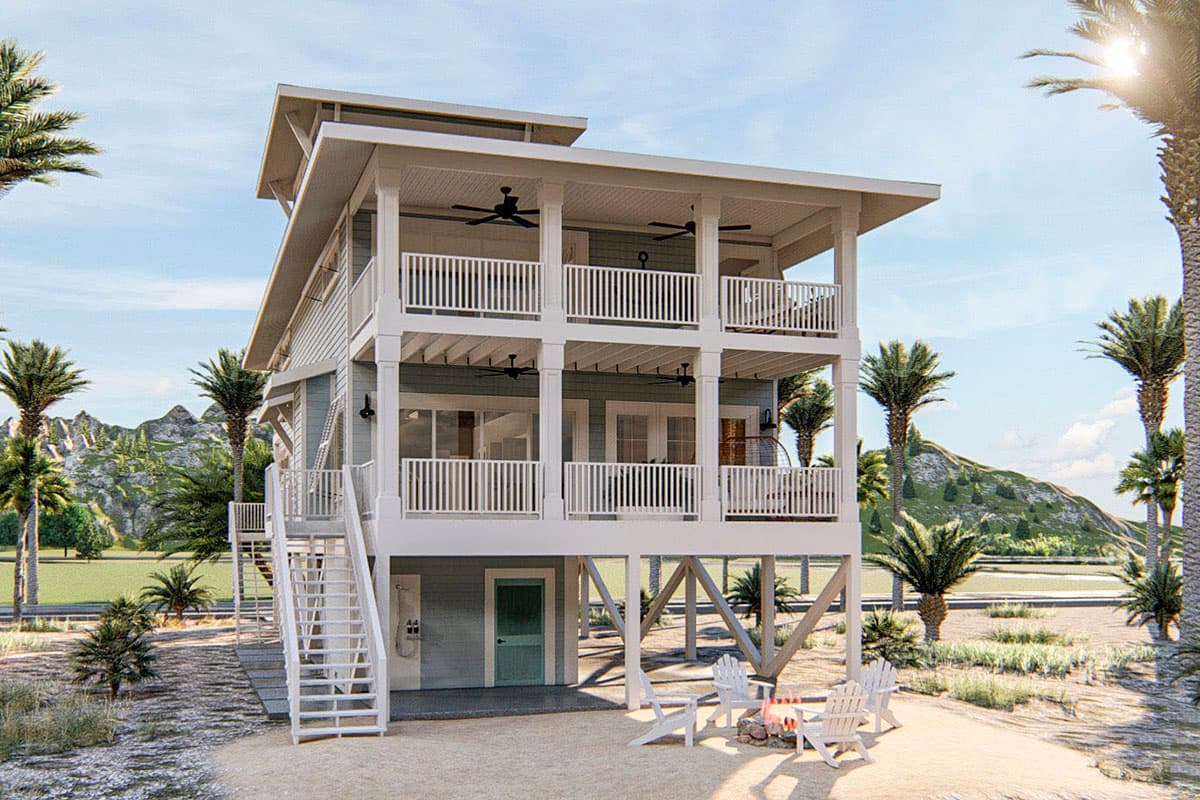 House plan exterior featuring a two-story elevated beach house design with wrap-around balconies and exterior stairs.