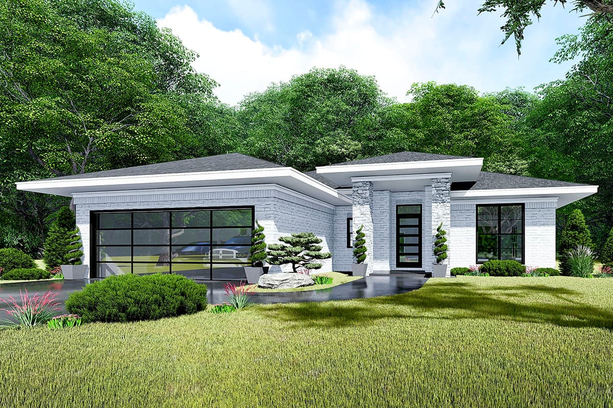 House plan exterior. Modern style, one story, flat roof, stone-clad columns, and a glass-paneled garage door are visible.