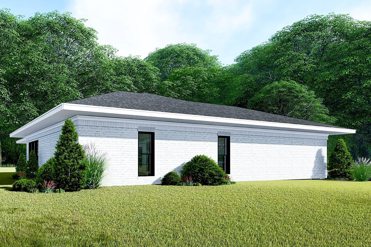 House plan exterior, one-story, white brick with light gray accent band, simple roofline, and minimal landscaping.