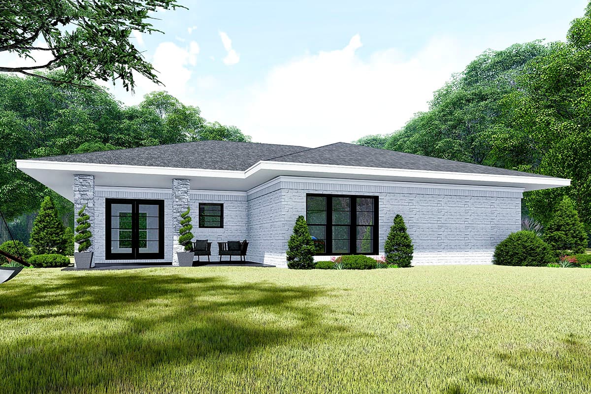 Modern single-story house plan exterior with white brick, flat roof, double front doors, and large windows.