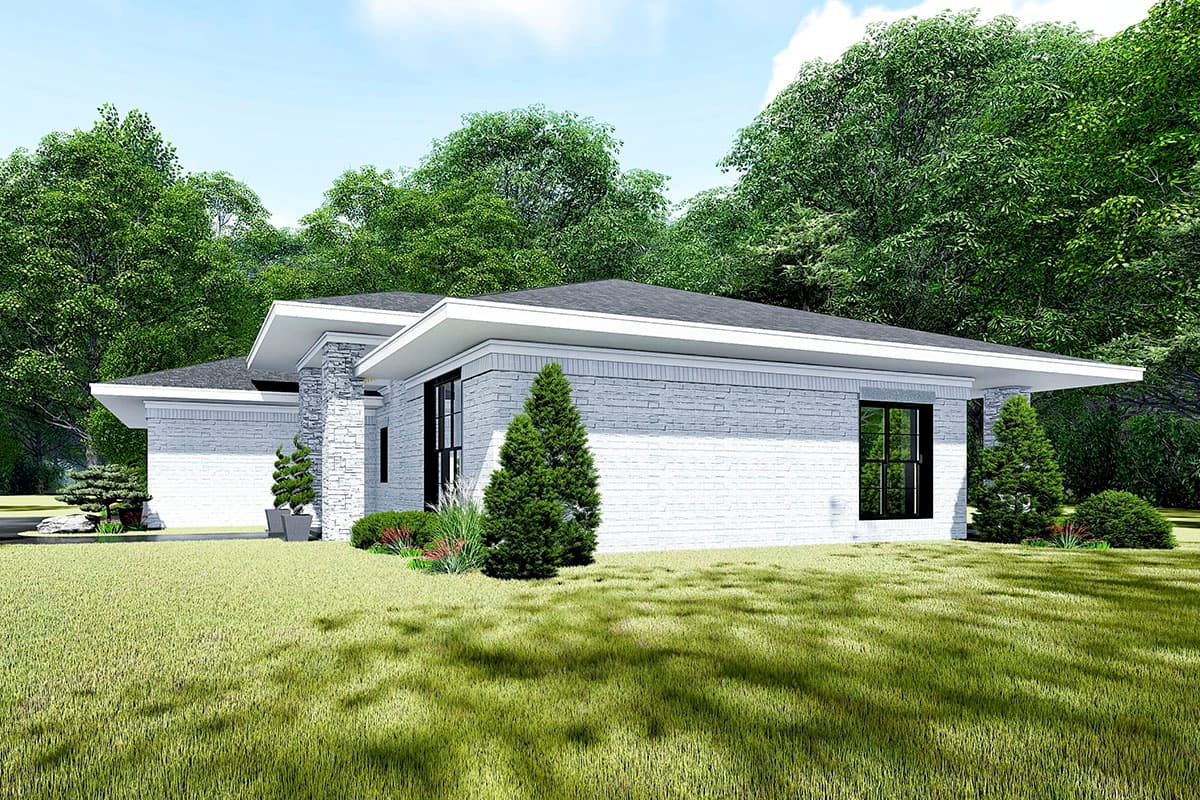 House plan exterior: single-story Modern style with stone accents, white brick, and flat rooflines.