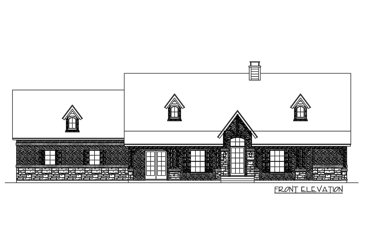 Front elevation drawing of a house with a mix of brick and stone, featuring dormer windows and a prominent gabled entrance.