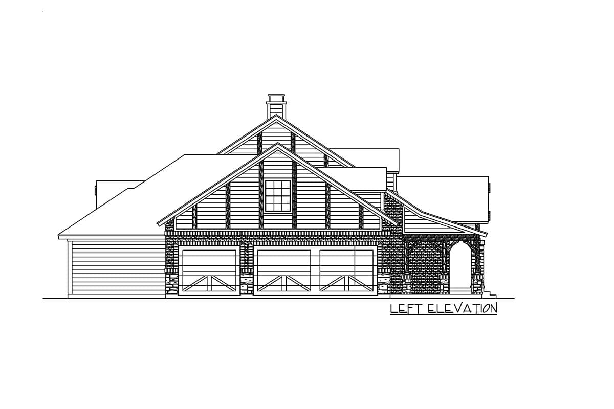 Left elevation house plan showing a three-car garage, gables, prominent chimney, and stone archway entry.