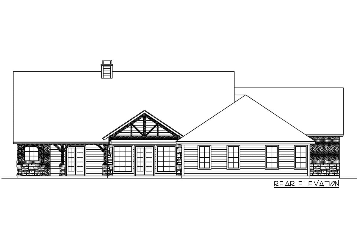 Rear elevation drawing of a house plan featuring a prominent gable with exposed beams, stone accents, and a pitched roof.