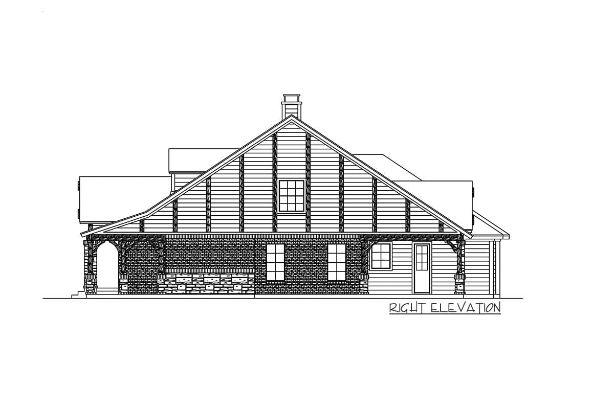 Right elevation house plan with stone and wood siding, arched porch, gables, and shed dormer.