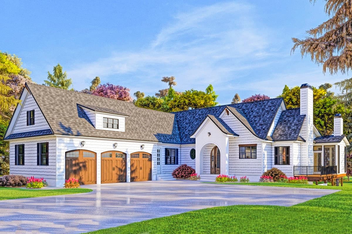 House plan exterior. White farmhouse style with two stories, gabled rooflines, dormers, and an attached three-car garage with wood doors.