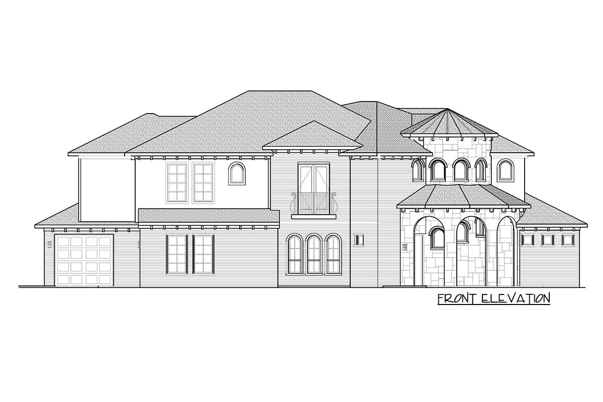 Front elevation house plan showing two stories, garage, arched windows, and a covered stone entryway with arcades.