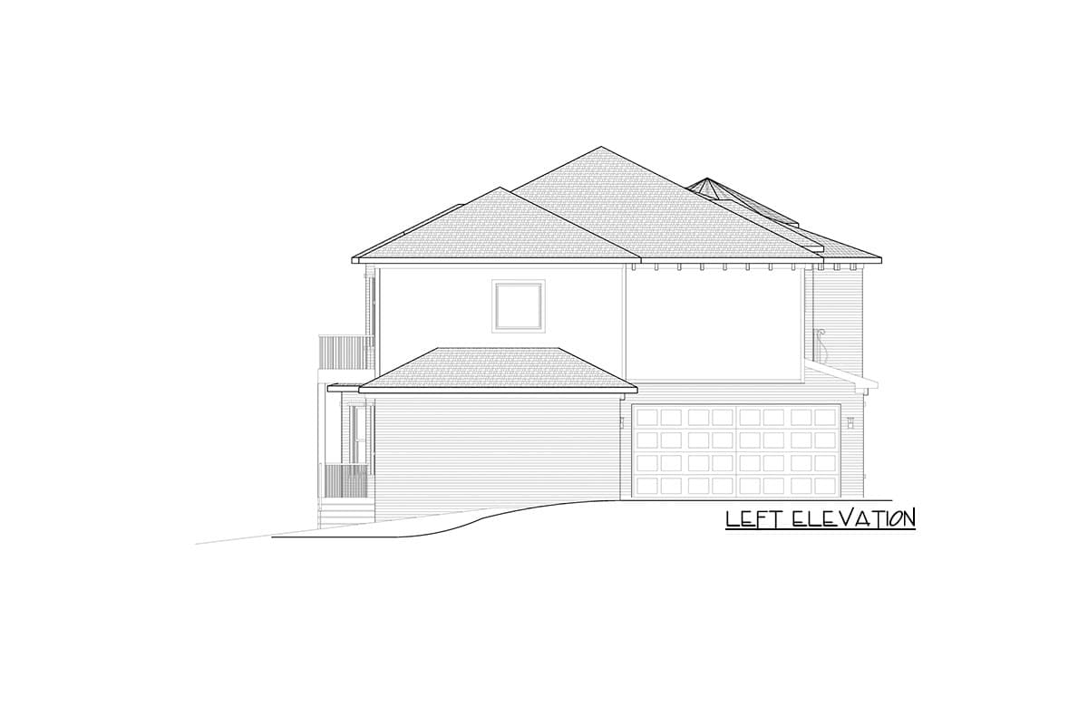 Left elevation drawing of a two-story house plan with a pitched roof, two-car garage, and second-story balcony.