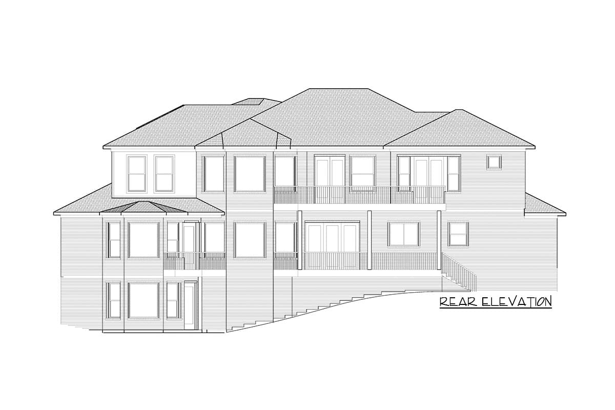 Rear elevation drawing of a multi-story house plan with multiple windows and balconies.