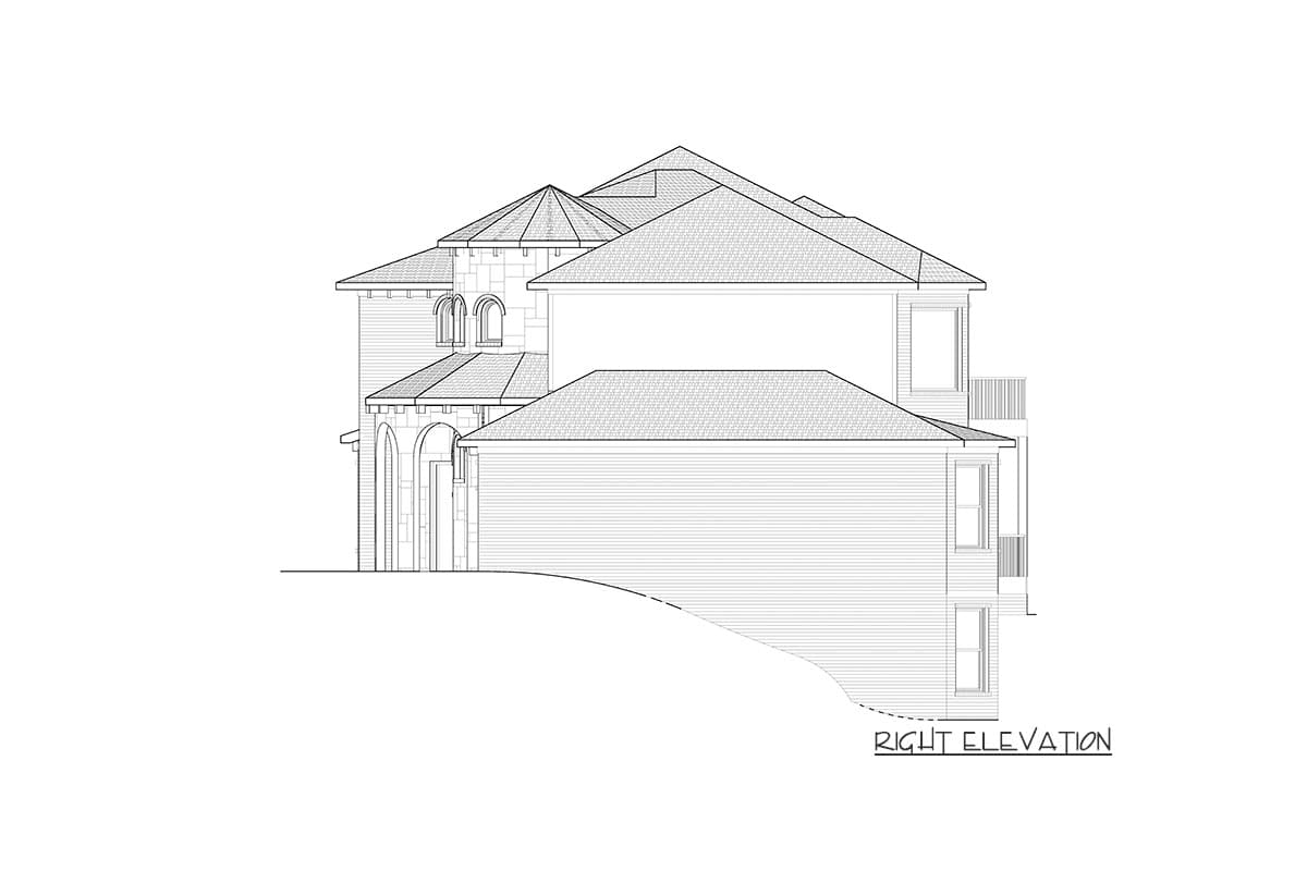 Right elevation drawing of a two-story house with arched windows, a prominent hip roof, and decorative stone accents.