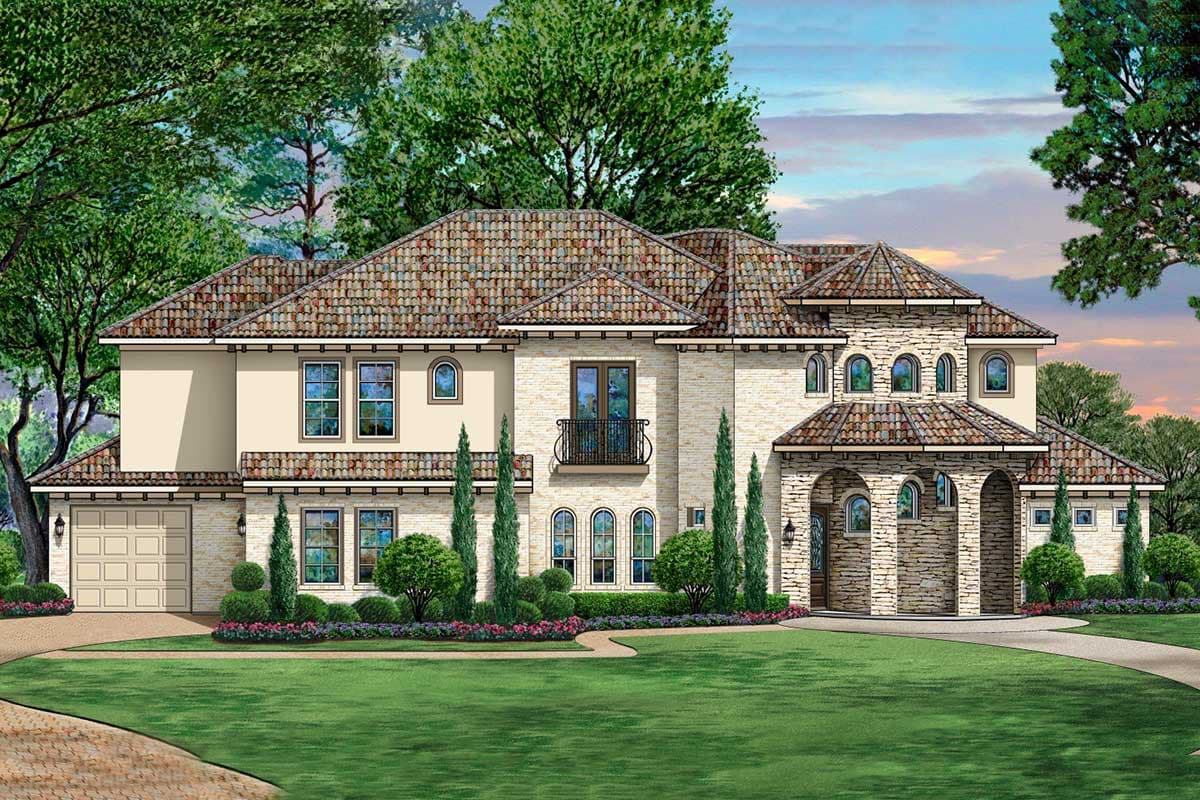 House plan exterior in a Mediterranean style, featuring a tile roof, arched windows, a second-story balcony, and a two-car garage.