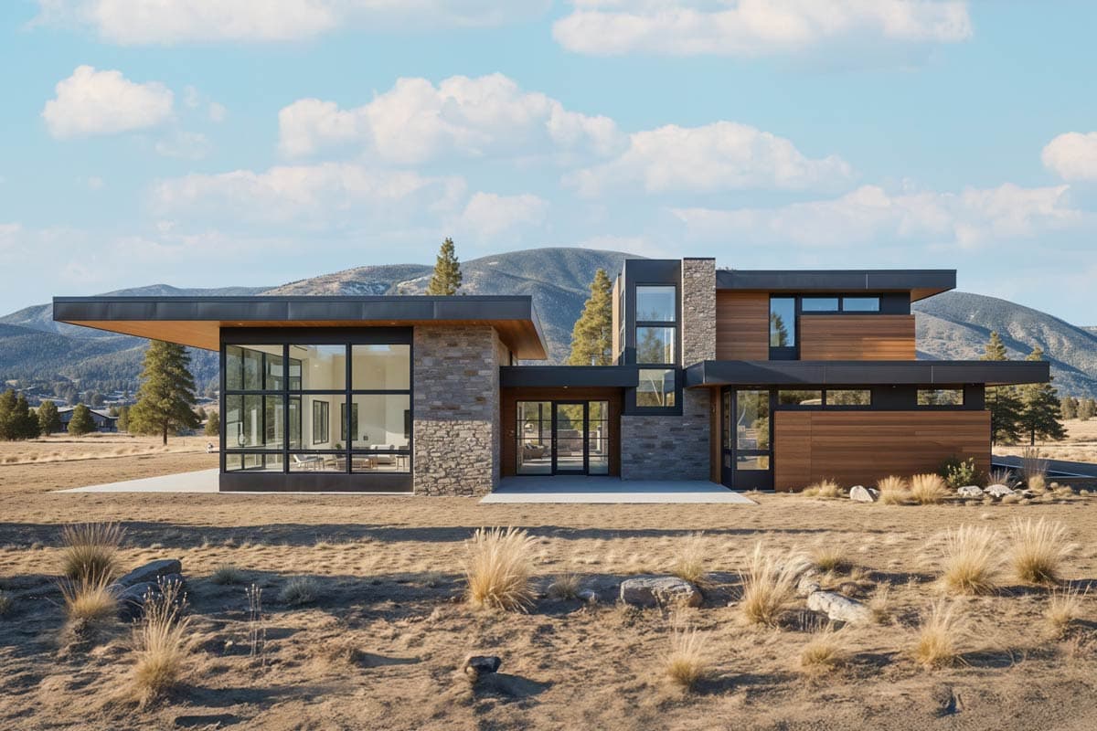 Modern house plan exterior with stone and wood facade, cantilevered rooflines, and large glass windows.