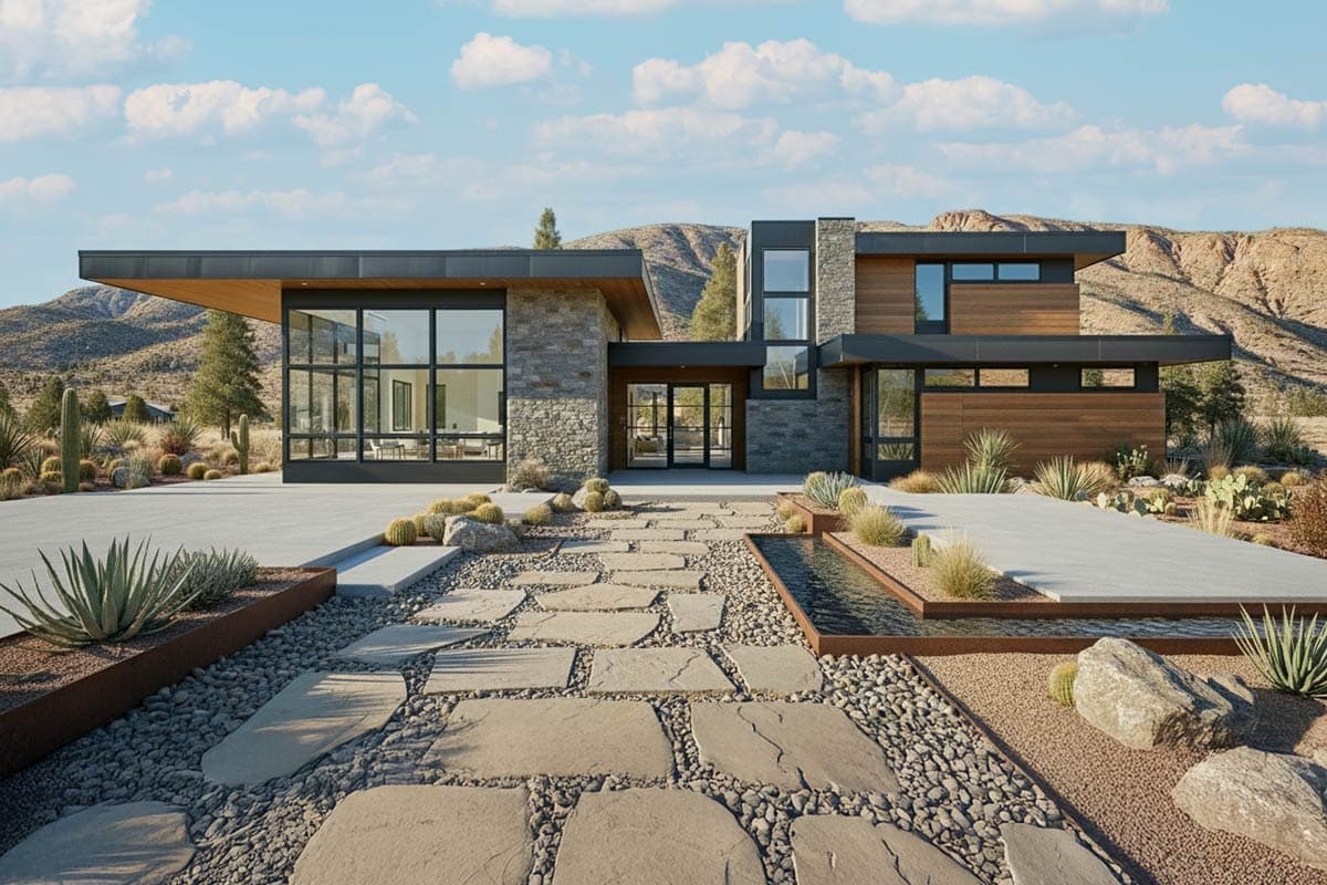 House plan exterior. Modern style, two stories. Features include a flat roof, stone cladding, floor-to-ceiling windows, and wood siding accents.