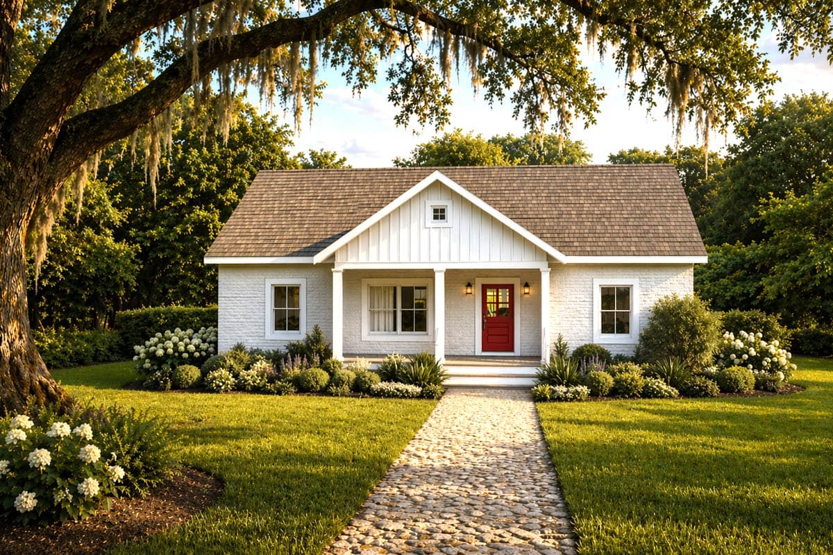 House plan exterior. One-story Ranch style home with gabled roof, brick facade, and covered porch with columns. Features a small gable vent.