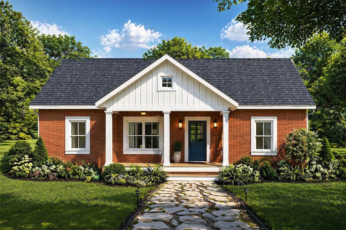 House plan exterior: One-story cottage with gabled dormer, covered front porch with two columns, and double window. Gray brick facade.