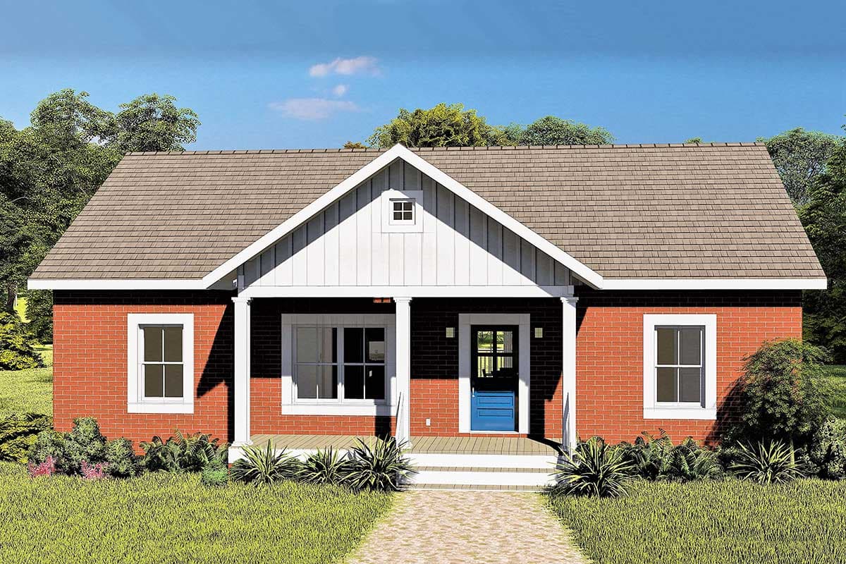 House plan exterior. One-story Ranch style home with gabled roof, brick facade, and covered porch with columns. Features a small gable vent.
