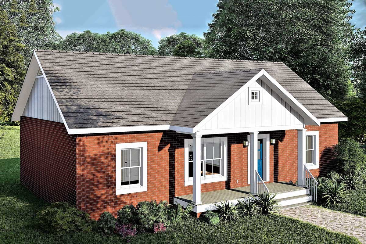 House plan exterior: Brick ranch with a gabled central dormer, covered porch, and gable vents.