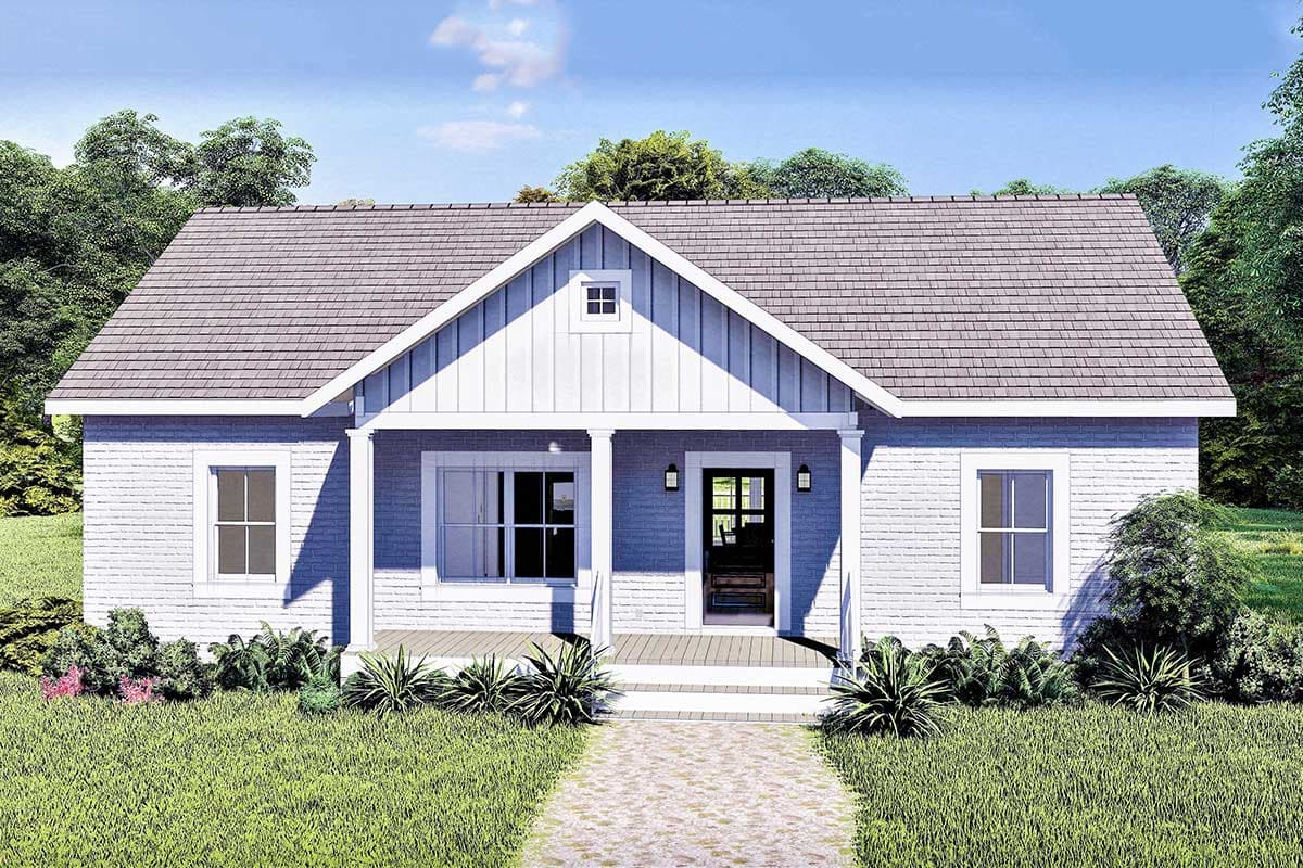 House plan exterior: One-story cottage with gabled dormer, covered front porch with two columns, and double window. Gray brick facade.