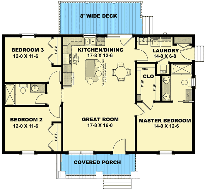 Plan 25015DH: Cute Split Bedroom Brick House Plan with Board and Batten Accented Porch - Floor Plan - Main Level - Southern, Traditional