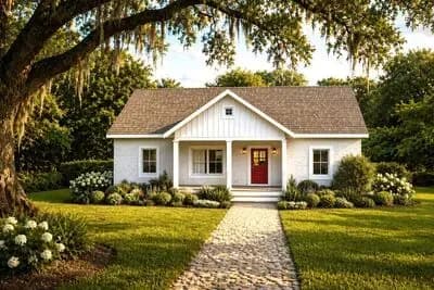 Cute Split Bedroom Brick House Plan with Board and Batten Accented Porch