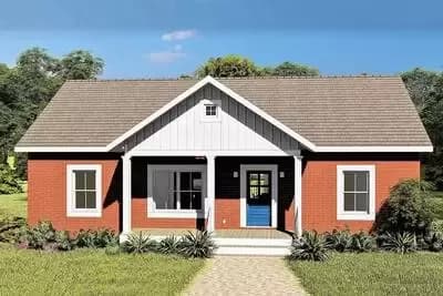 Cute Split Bedroom Brick House Plan with Board and Batten Accented Porch