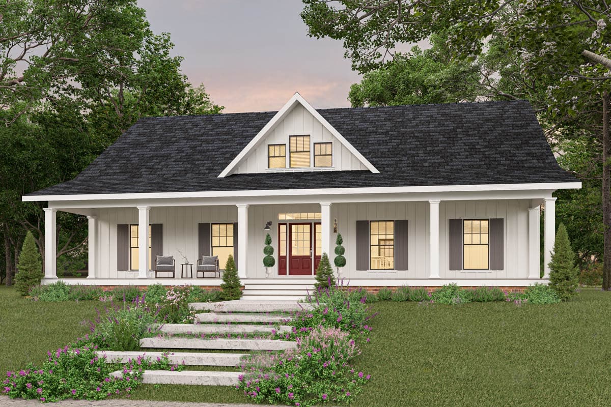 House plan exterior. Farmhouse style, single-story home with a gabled roof and a large covered porch supported by columns. Includes dormer.