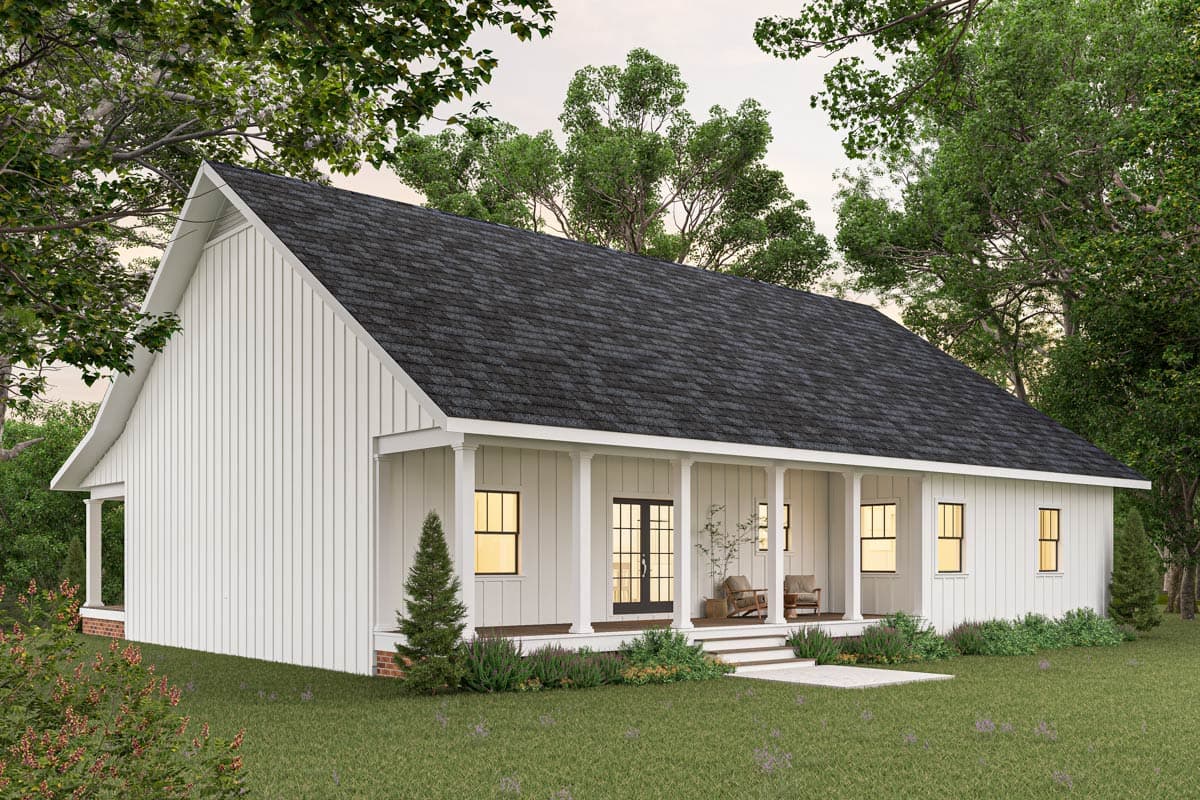Modern Farmhouse house plan exterior, one story, featuring a deep covered porch with square columns and board-and-batten siding.
