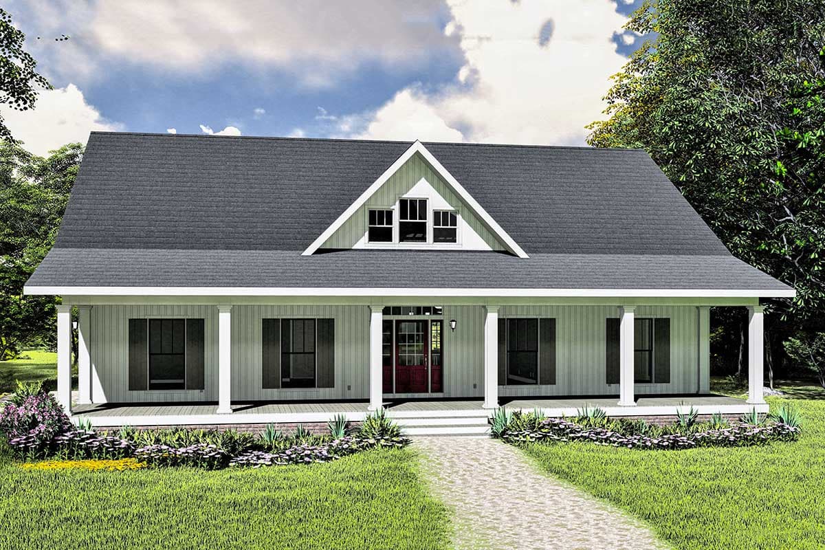 House plan exterior: Two-story Modern Farmhouse with a wrap-around porch, prominent front gable with triple windows, and a red-paneled front door.