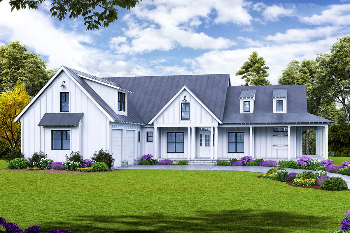 House plan exterior. Two-story Modern Farmhouse with gables, dormers, and a covered porch. Features a garage and a metal roof.