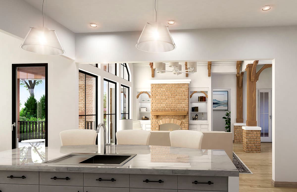 Interior rendering of a house plan showing a kitchen island, brick fireplace, and open great room with wood beams.