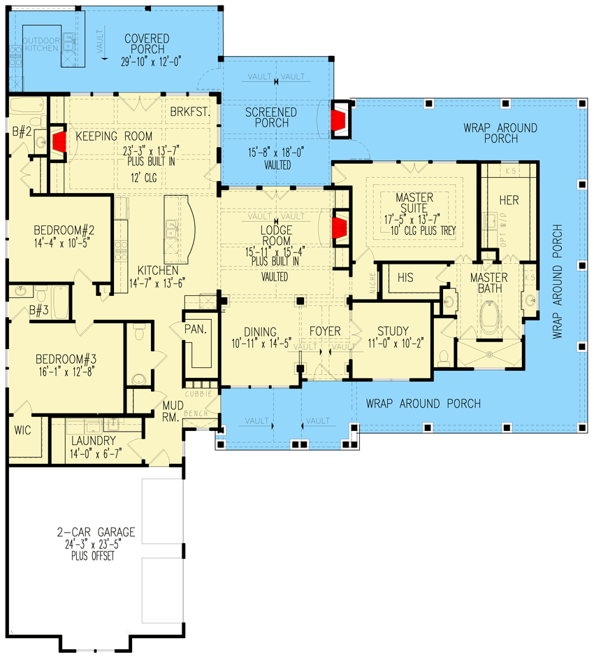 Plan 25681GE: Modern Farmhouse Plan with Quintessential Wrap-Around Porch - 2795 Sq Ft - Floor Plan - Main Level - Country, Craftsman, Modern Farmhouse, New American