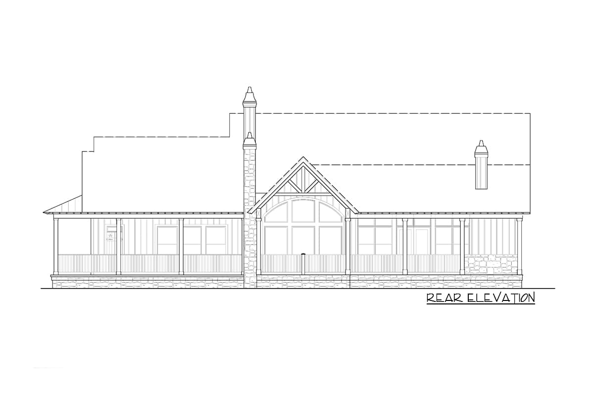 Rear elevation of a house plan featuring a prominent stone chimney, covered porches, and large arched window.