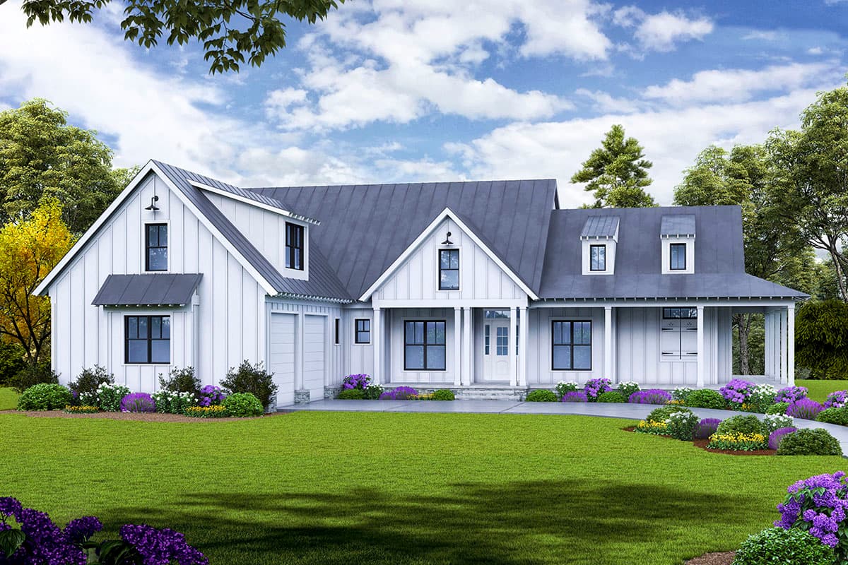 House plan exterior. Modern Farmhouse style with a gabled roof, dormers, and a covered porch. Features include a front-facing garage.