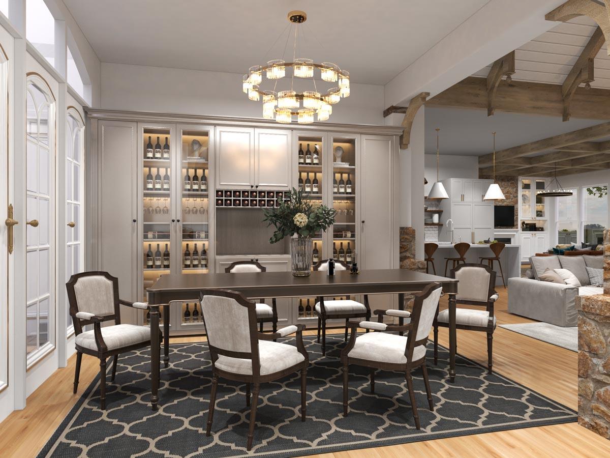 Dining room with large built-in wine cabinet, dark wood table, chairs, and open view to kitchen and living area.
