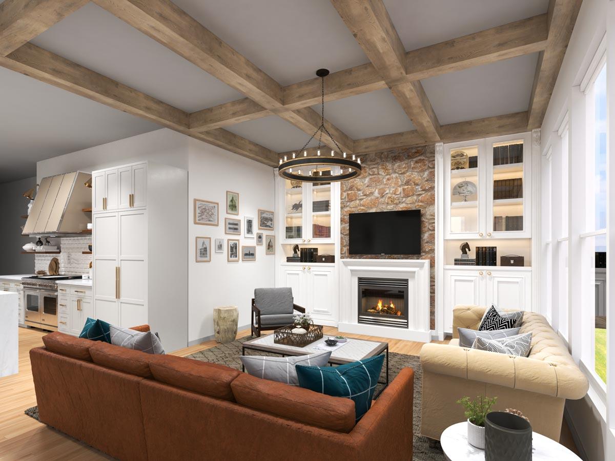 Living room with coffered wood beam ceiling, stone fireplace, built-in shelving, and kitchen view.