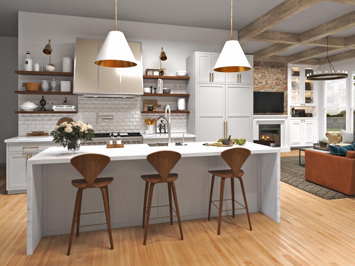 Kitchen with island, bar stools, white subway tile backsplash, stainless steel range hood, and adjacent living area with fireplace.