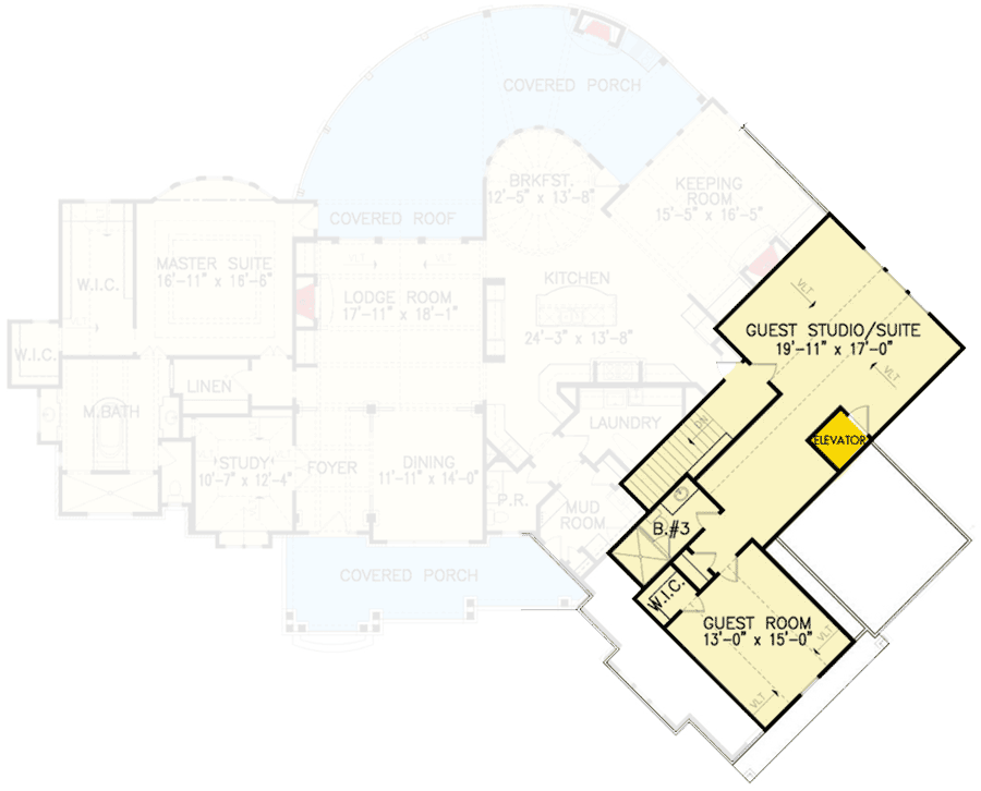 Plan 25684GE: Multi-Gabled Craftsman Home Plan with Elevator-Accessible Guest Studio Suite - 3572 Sq Ft - Floor Plan - 2nd Floor - Craftsman, Mountain