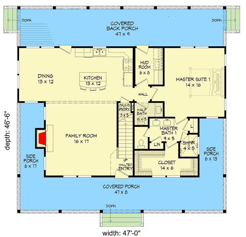 Plan 68639VR: Country Home Plan with 3-Master Suites and Wrap-Around Porch  - Floor Plan - Main Level - Country, Traditional