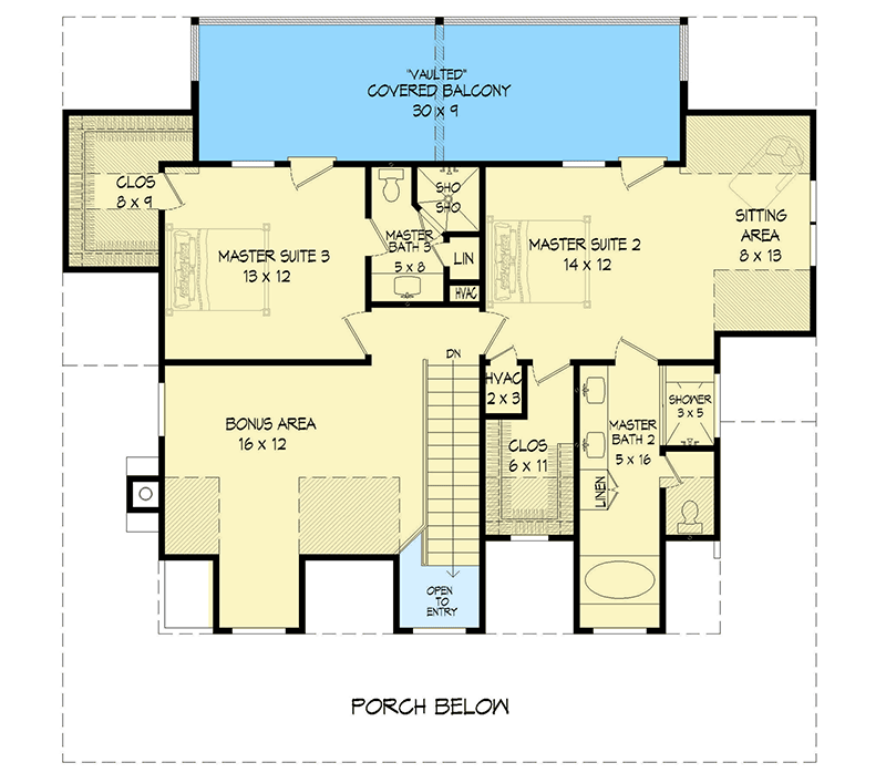 Plan 68639VR: Country Home Plan with 3-Master Suites and Wrap-Around Porch  - Floor Plan - 2nd Floor - Country, Traditional