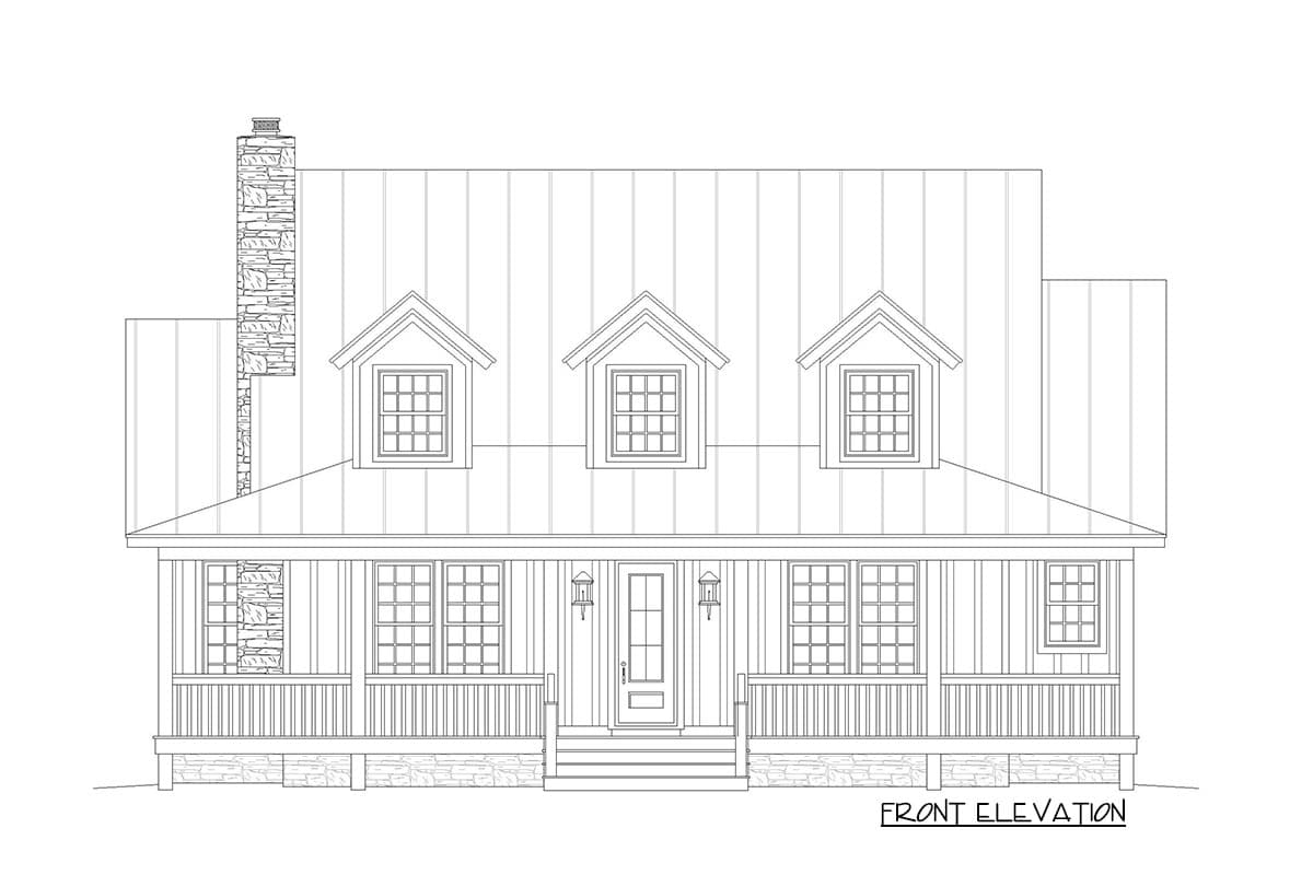 Front elevation drawing of a house plan with a wraparound porch, three dormer windows, and a stone chimney.