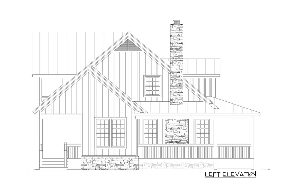 House plan left elevation drawing showing a two-story home with a gabled roof, stone chimney, and wrap-around porch.